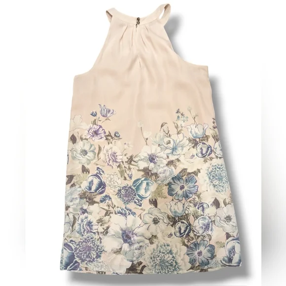 Forever 21 Women's Blush Pink Ivory Blue Floral Halter Neck Mini Shift Dress- M - Picture 2 of 9